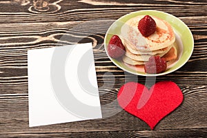 Sweet pancakes, strawberry, heart, card