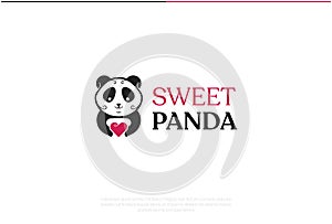 Sweet Panda Logo Design. Vector Logo Template. A youthful and organic trendy symbol of a cute panda holding a heart in its hands.