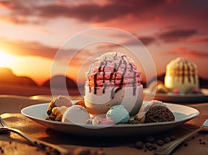 Sweet paradise with this 3D ice cream dessert design set against a stunning desert sunset