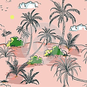 Sweet pastel color Island and palm trees hand drawing sketch lin