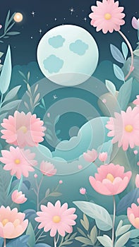 sweet pastel garden background with supermoon AI Generated
