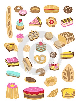 Sweet pastries and baked goods  set. Bread, cakes, cupcakes, pies illustration isolated on white background