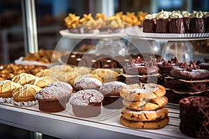 sweet pastries, cookies, cake on a bakers shelf