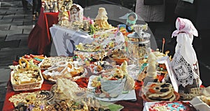 Sweet Pastry And Russian Samovar. Table With Sweets, Pancakes And Pies. Traditional Russian Tea Drinking During