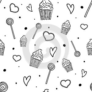 Sweet pattern. Seamless pattern with sweets, cupcakes and hearts. Hand drawn party background. Vector illustration