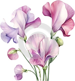 Sweet Pea flower, watercolor painting of a Sweet Pea flower. AI-Generated.