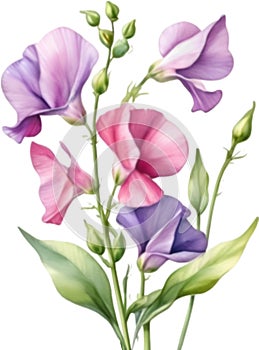 Sweet Pea flower, watercolor painting of a Sweet Pea flower. AI-Generated.