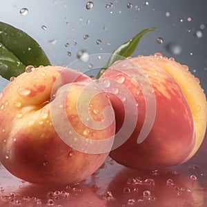 Sweet peach fruits with water drops