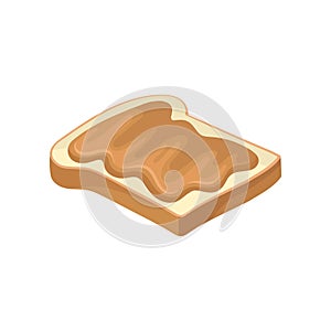Sweet peanut butter on slice of toasted bread. Delicious snack. Food for breakfast. Flat vector for advertising poster