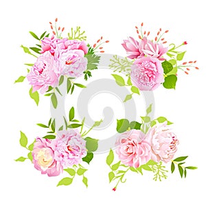 Sweet peonies bouquets vector design elements in shabby chic style.