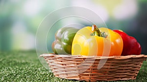 Sweet pepper in basket on table and blurred background.