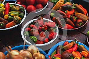 Sweet pepper, hot chili pepper. A vegetable counter at a street market