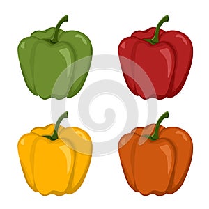 Sweet pepper isolated on white background. Set of four peppers. Green, red, yellow and orange peppers