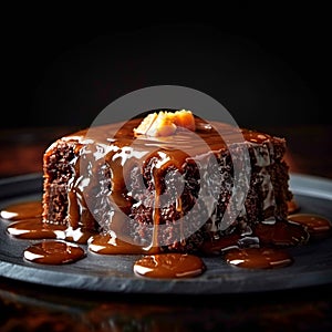 Sweet perfection Dark backdrop highlights sticky toffee pudding, ready for text
