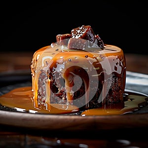 Sweet perfection Dark backdrop highlights sticky toffee pudding, ready for text