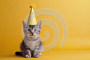 A sweet photo of a feline wearing a yellow birthday hat against a yellow background.