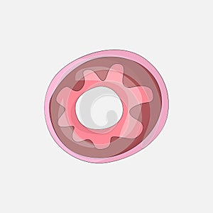 Sweet pink donut cartoon icon with chocolate icon. Vector icon cartooning tasty donut with hole. Sweet pink round donute