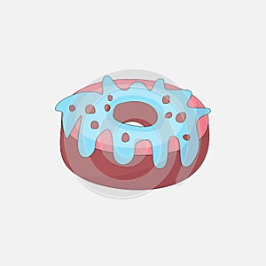 Sweet pink donut cartoon icon with chocolate icon. Vector icon cartooning tasty donut with hole. Sweet pink round donute