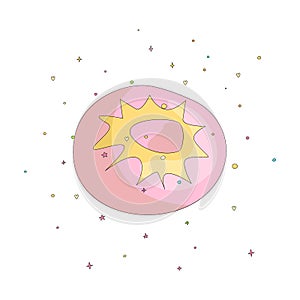 Sweet pink donut cartoon icon with colorful decoration. Vector icon cartooning tasty donut with hole. Sweet pink round