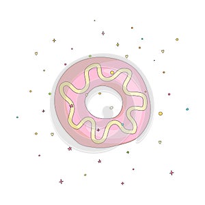 Sweet pink donut cartoon icon with colorful decoration. Vector icon cartooning tasty donut with hole. Sweet pink round