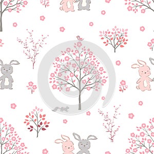 Sweet pink flowers blossom on springtime with cute rabbits,seamless pattern for decorative,kid product,fashion,fabric,wallpaper