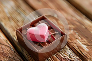 A sweet pink heart in a box with chocolate candies. Love concept