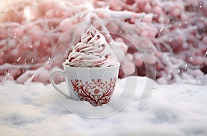 Sweet pink holiday drink in a snowbank Christmas Theme