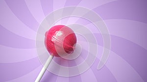 Sweet pink lollipop on stick on purple striped background