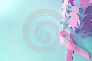 The Sweet pink ribbon shape with girl paper doll on blue background for Breast Cancer Awareness symbol to promote in october mo