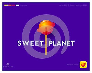 Sweet Planet logo. Lollipops emblem like Planet with ring on stick. Identity, app icon.