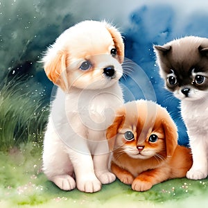 Sweet and Playful - A Watercolor Group of Puppies and Kittens