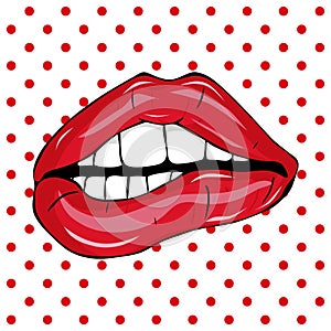 Sweet pop art Pair of Glossy Vector Lips. Open wet red lips with teeth pop art backgrounds