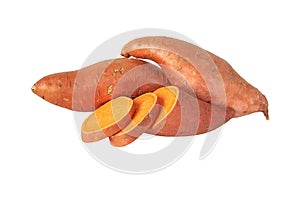 Sweet potato or boniato two whole and one sliced tubes isolated on white. Transparent png additional format photo