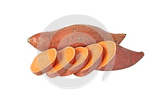 Sweet potato or boniato whole and sliced tubes isolated on white. Transparent png additional format photo