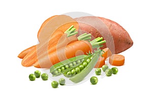 Sweet potato, carrots and green peas isolated on white background