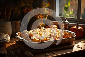Sweet potato casserole with marshmallows in baking dish on kitchen window. Festive dish served for Thanksgiving Day family dinner
