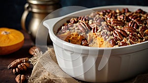 Sweet potato casserole with pecan nuts, traditional side dish for Thanksgiving or Christmas.