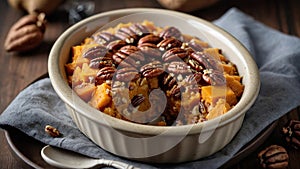 Sweet potato casserole with pecan nuts, traditional side dish for Thanksgiving or Christmas.