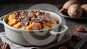Sweet potato casserole with pecan nuts, traditional side dish for Thanksgiving or Christmas.