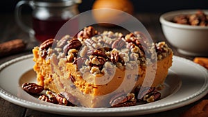 Sweet potato casserole with pecan nuts, traditional side dish for Thanksgiving or Christmas.