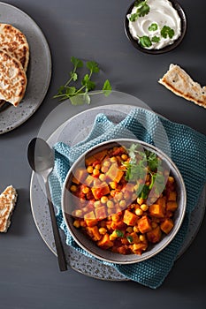 Sweet potato and chickpea curry with naan bread