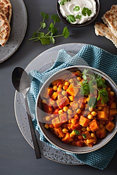 Sweet potato and chickpea curry with naan bread