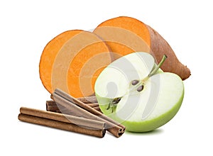 Sweet potato, cinnamon and green apple isolated on white background