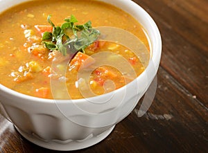 Sweet potato corn soup in bowl