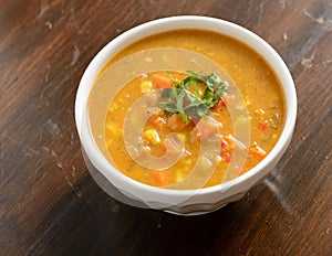 Sweet potato corn soup in bowl