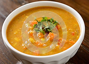 Sweet potato corn soup in bowl