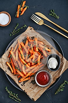 Sweet potato fries with mayo and ketchup