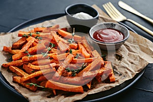 Sweet potato fries with mayo and ketchup