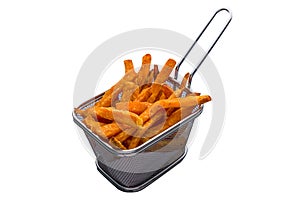 Sweet potato fries served in a air fryer isolated on white background side view