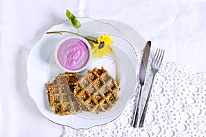 Sweet potato glutenfree waffles with blueberry yogurt dip photo